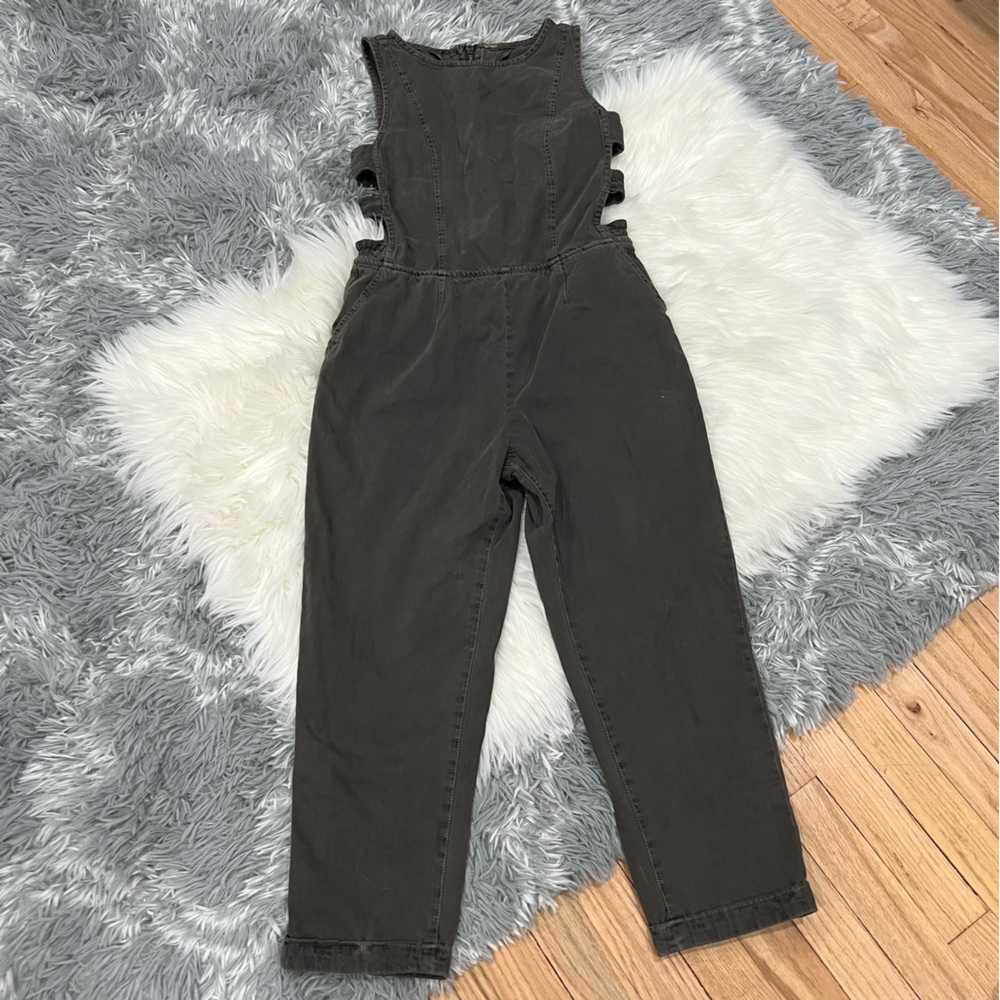 Free People gray Utility Jumpsuit cutout sides XS cotton canvas denim